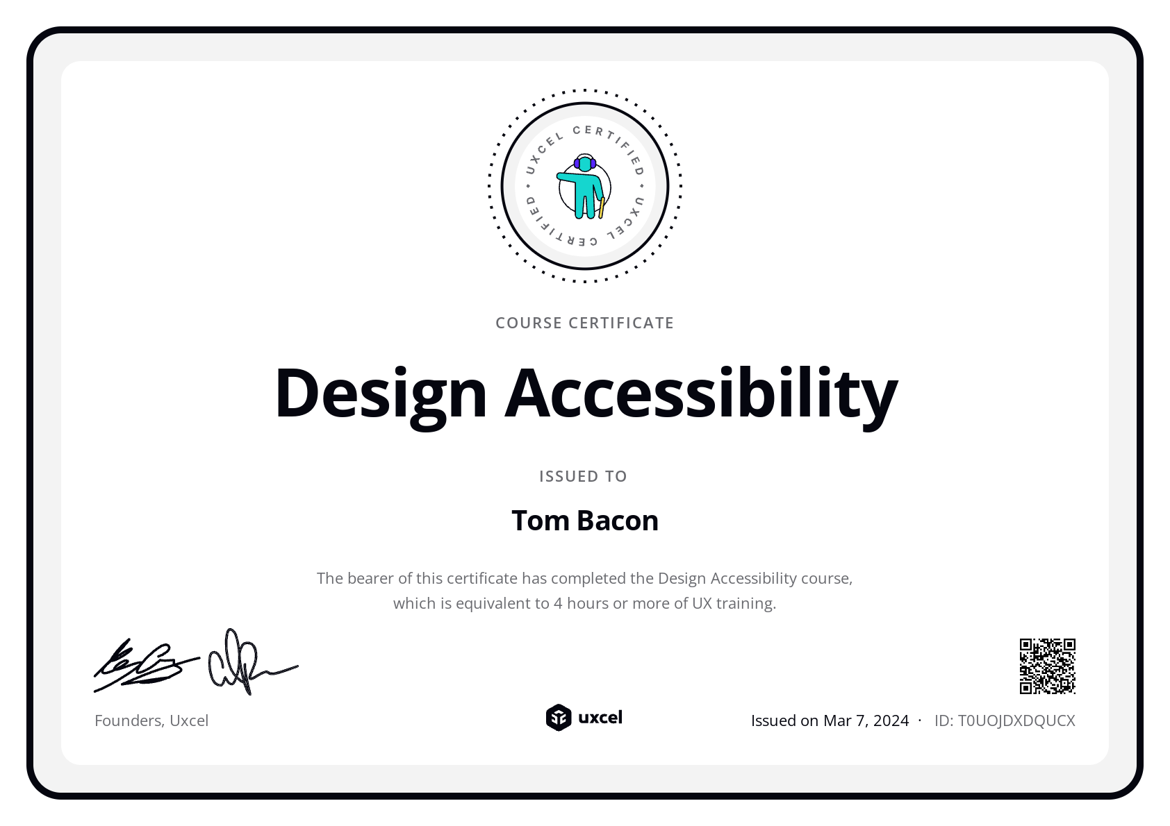 Tom Bacon's certificate